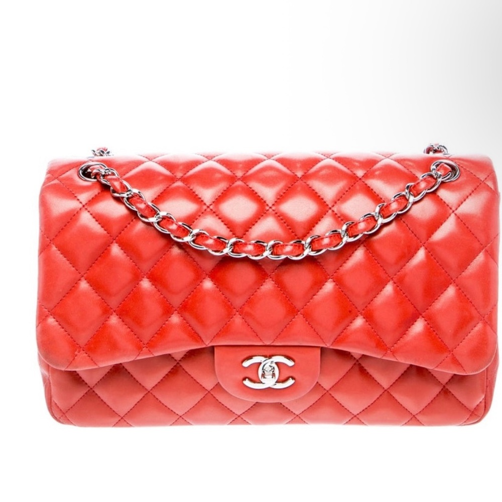 Chanel Jumbo Double Flap Orange Red Quilted Shoulder Bag Authentic